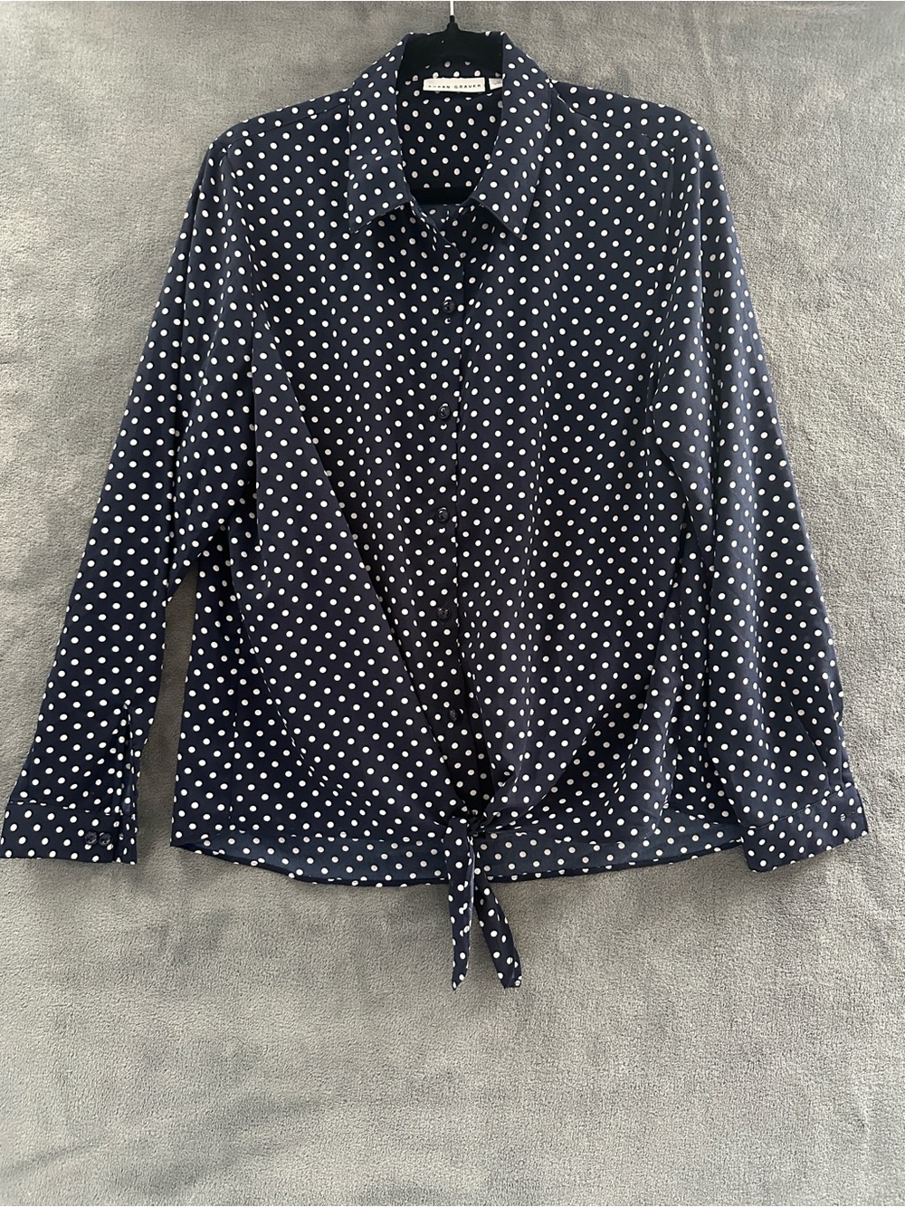 Susan Graver Navy and White Polka Dot Button-Down Tie-Front Blouse